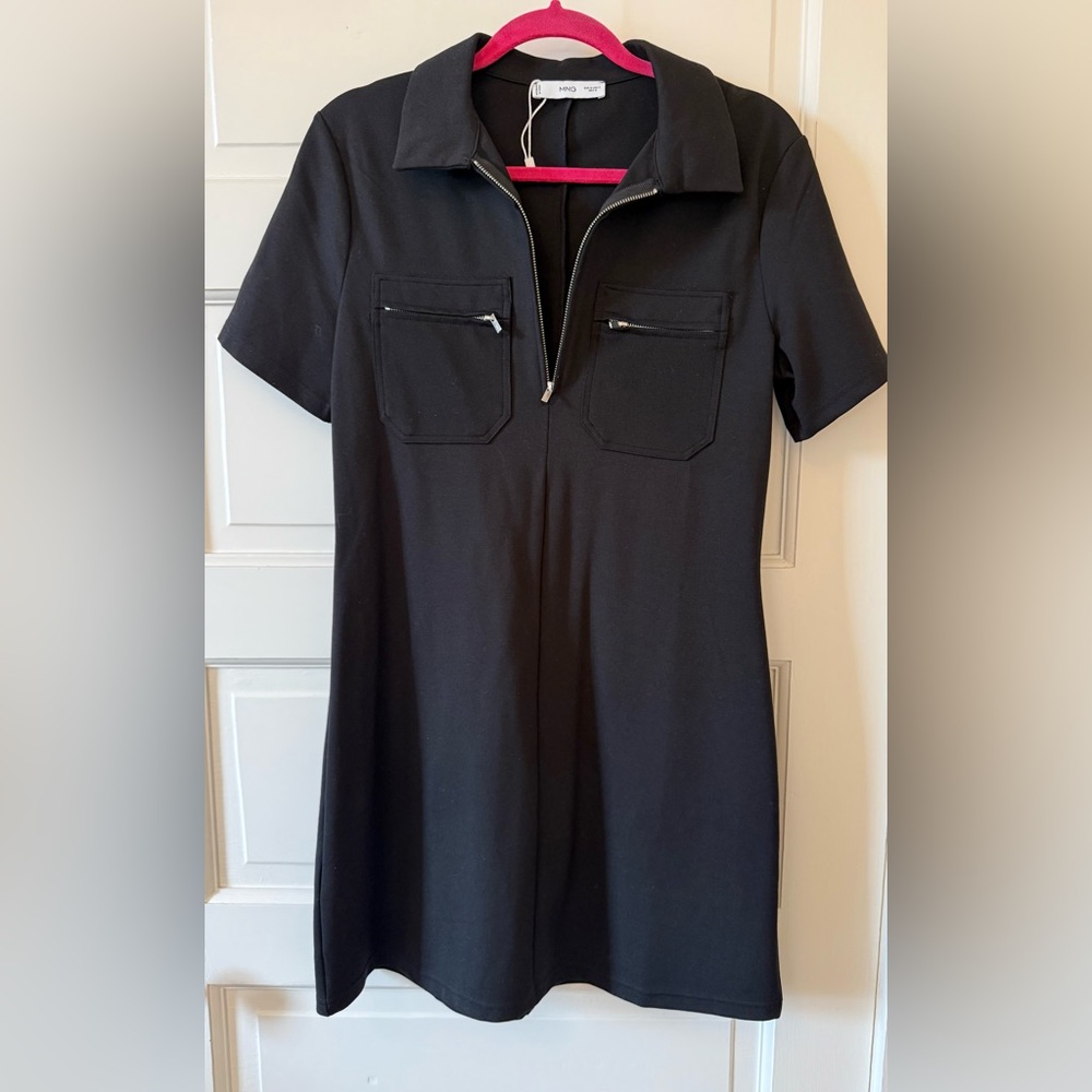 Mango Black Short-Sleeve Zip-Pocket Mini Dress